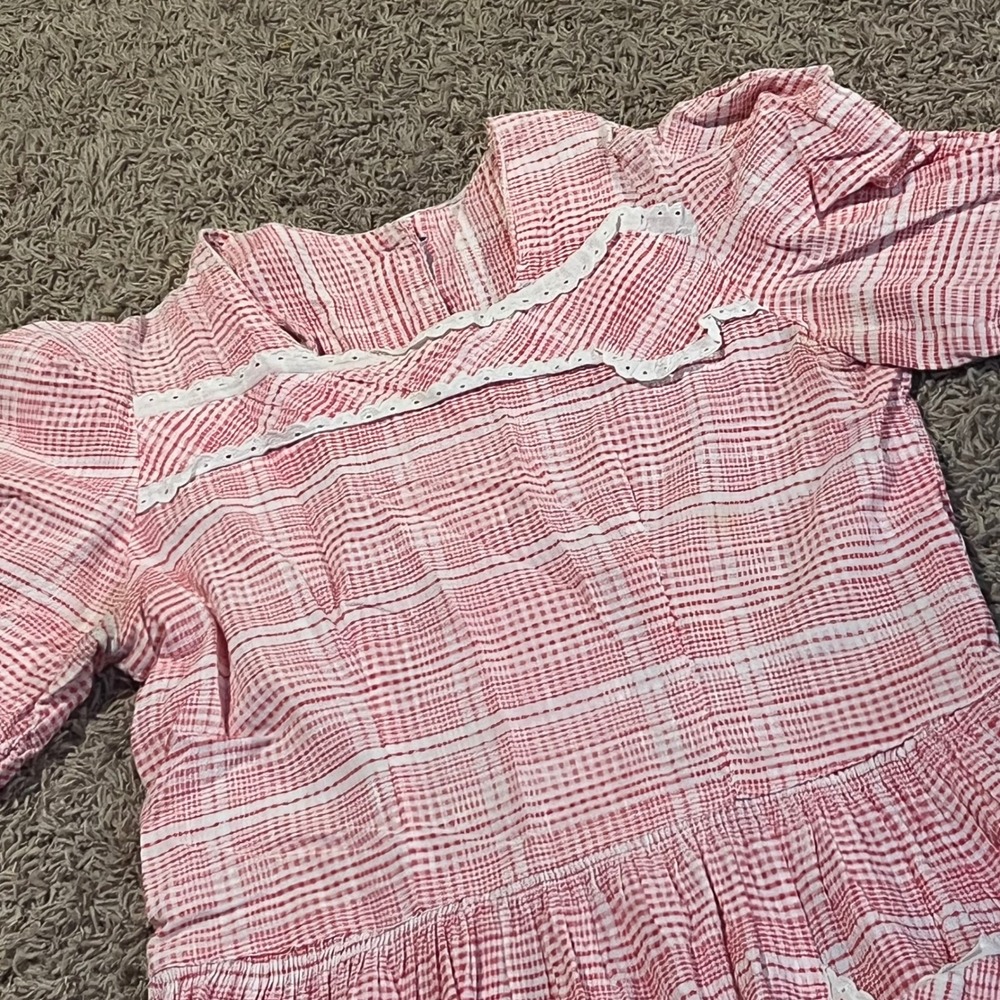 Vintage Red White Seersucker Plaid Eyelet Lace Pocket Midi Dress Button Back